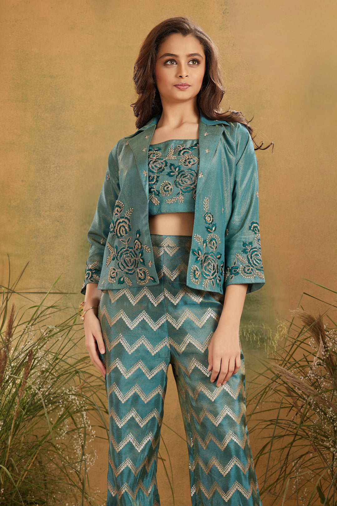 Sea Green Embroidery, Sequins, Zari and Beads work Jacket Styled Palazzo Set for Girls