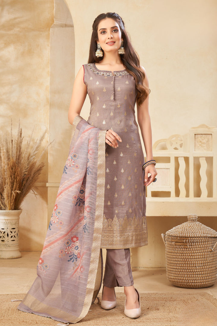 Copper Rose Banaras, Mirror, Thread and Stone work Straight Cut Salwar Suit