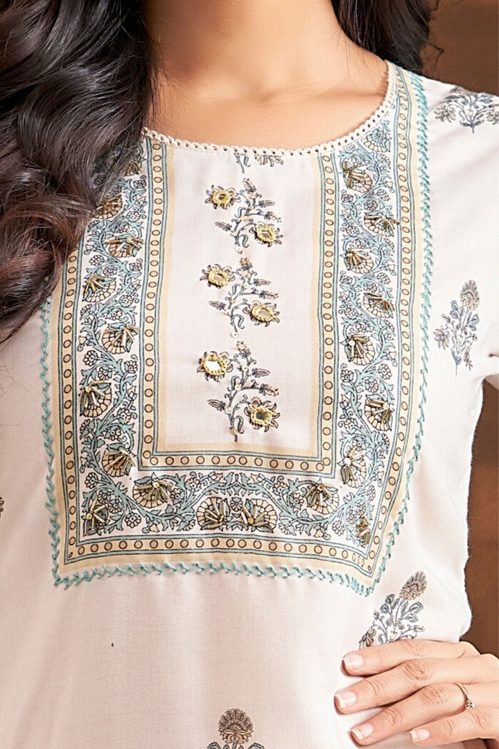 Cream Beads and Thread work with Digital Print Straight Cut Salwar Suit