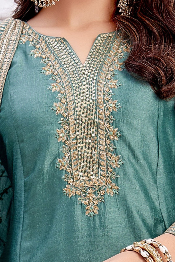 Sea Green Beads, Sequins, Mirror, Stone and Thread work A-line Cut Salwar Suit