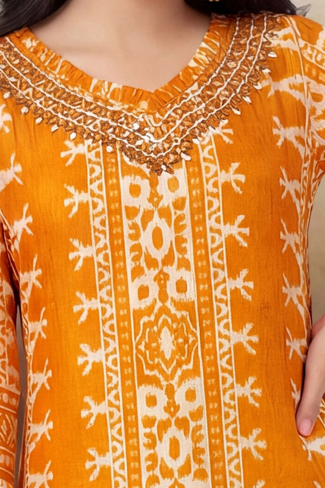 Yellow Mirror work with Digital Print Anarkali Styled Salwar Suit for Girls