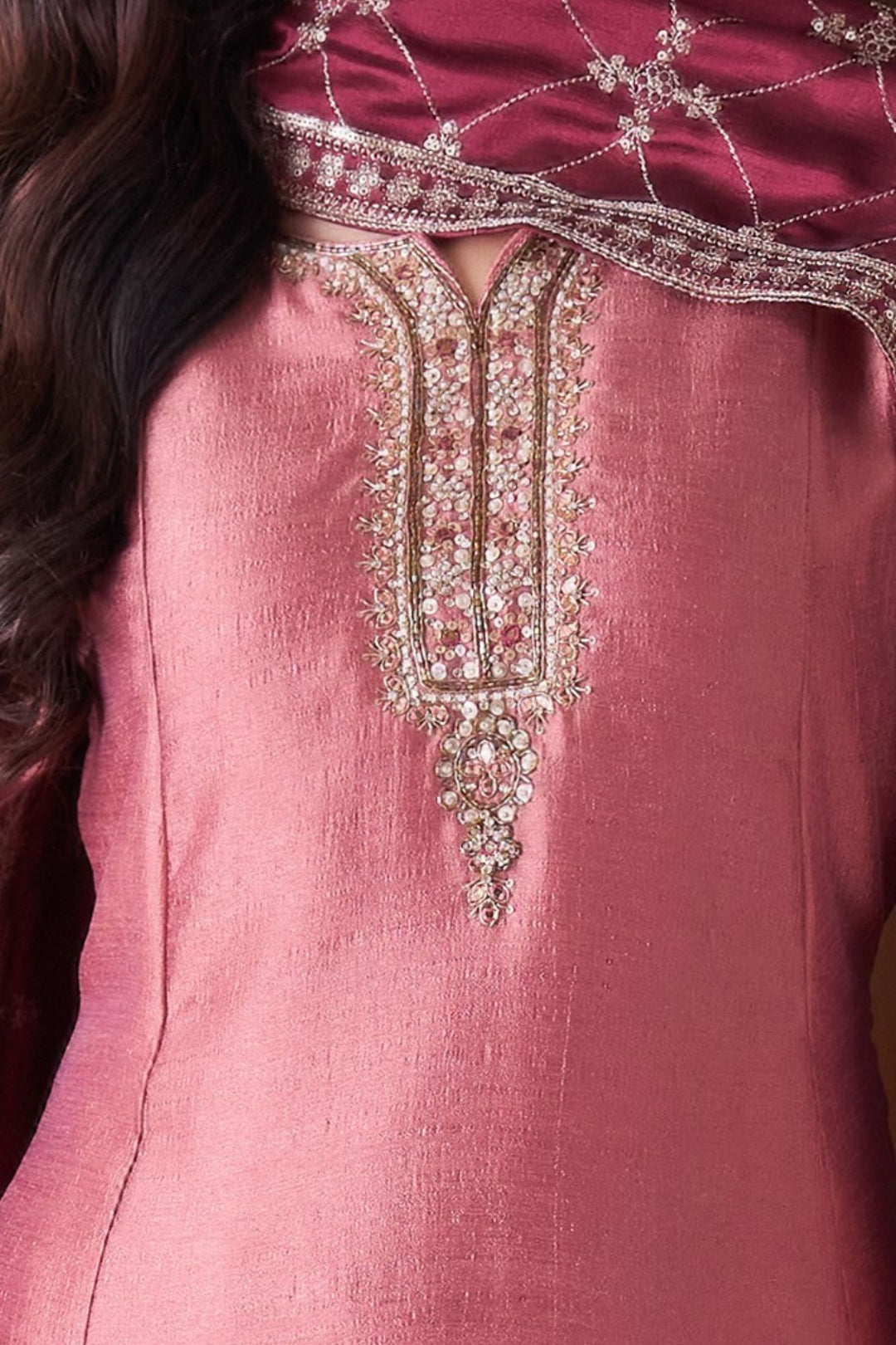 Rust Beads, Mirror, Zardozi, Zari and Sequins work A-line Cut Anarkali Styled Salwar Suit