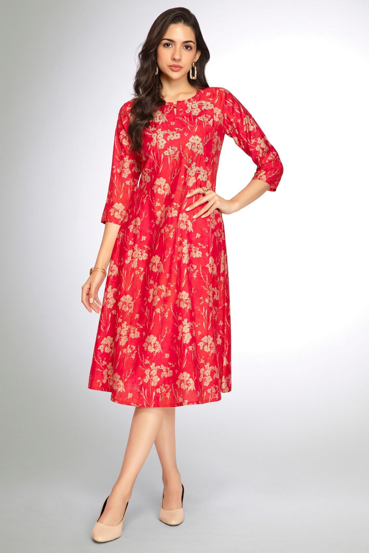 Red with Pink Thread work with Floral Print A-Line Cut Calf Length Kurti