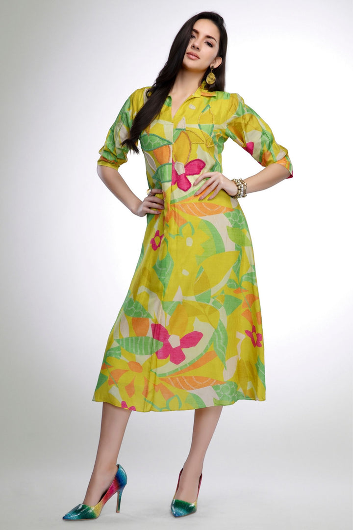 Lemon Yellow Printed and Beads work Calf Length Kurti