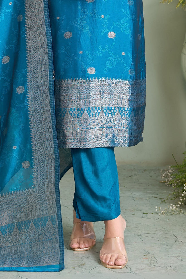 Teal Blue Jacquard, Zardozi, Beads, Stone, Mirror and Banaras work Straight Cut Salwar Suit
