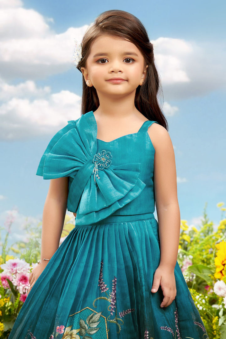 Blue Beads work with Floral Print Lehenga Choli for Girls