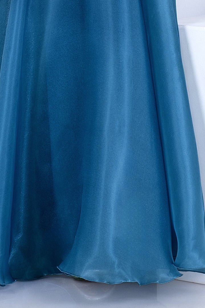 Teal Blue Flared Gown with Ruffled Rosette Shoulder for Girls