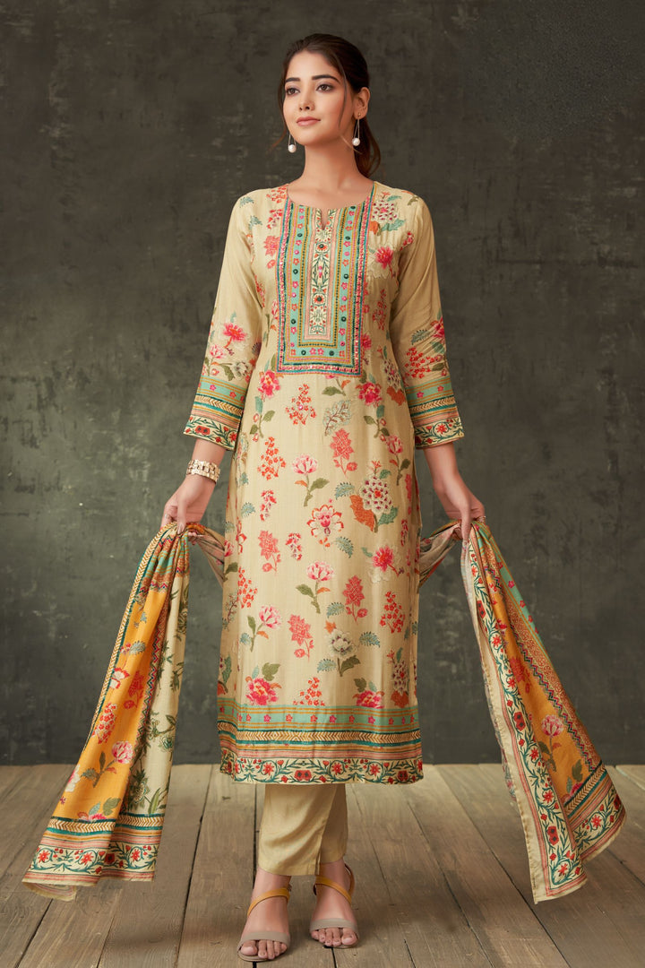 Beige Mirror and Zari work with Floral Print Straight Cut Salwar Suit