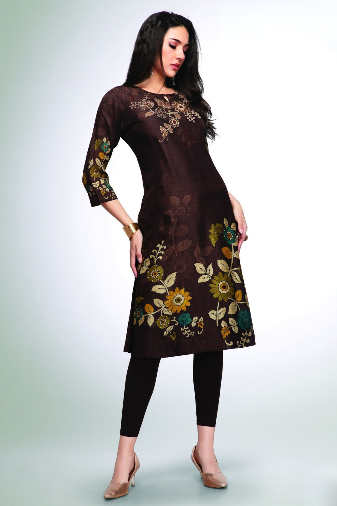Brown Embroidery, Stone and Zari work with Floral Print Calf Length Kurti