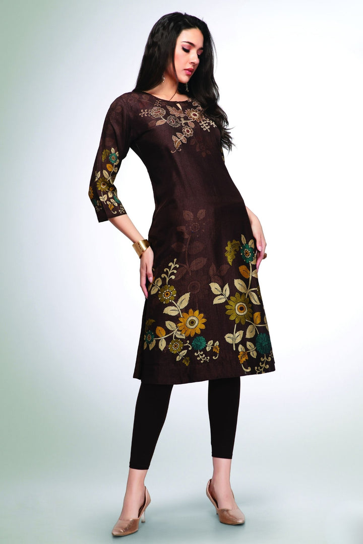 Brown Embroidery, Stone and Zari work with Floral Print Calf Length Kurti