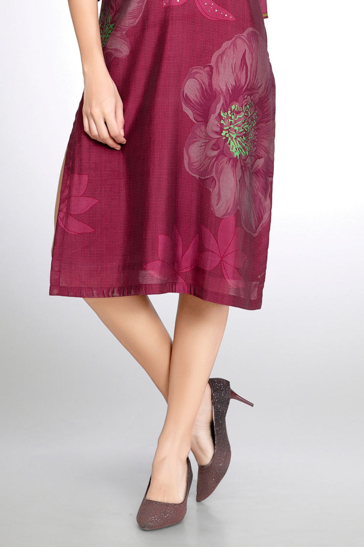 Maroon Floral Print Calf Length Kurti