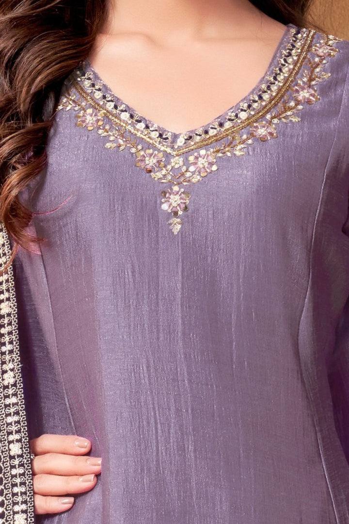 Lavender Zardozi, Mirror and Beads work A-line Cut Salwar Suit