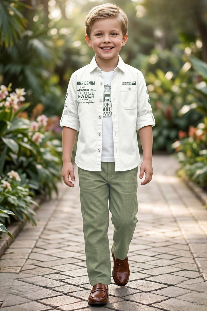 White Blazer, Printed T-Shirt and Green Pant Set for Boys