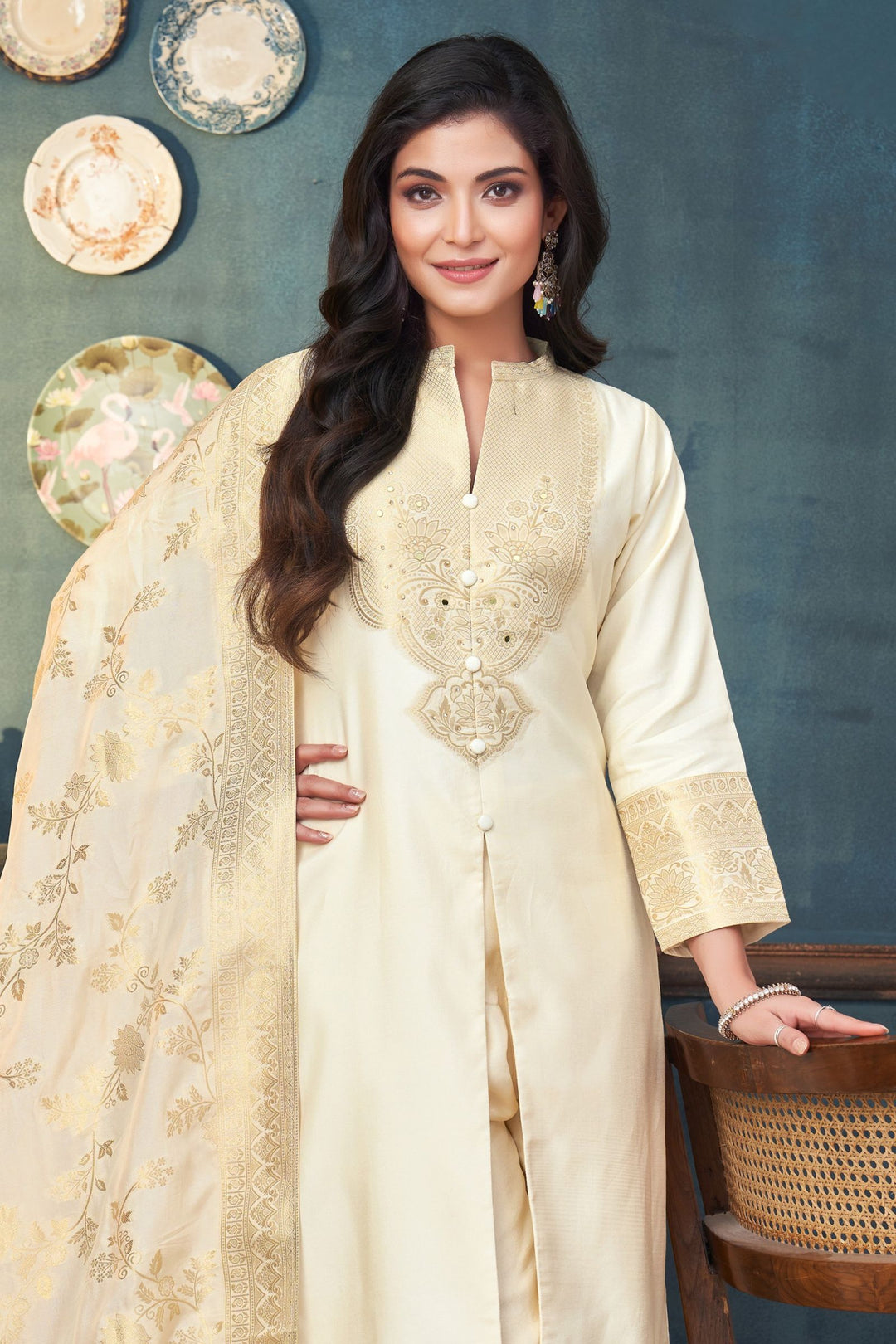 Cream Straight Cut Salwar Suit with Stone, Mirror and Banaras work