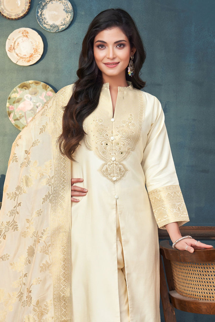 Cream Straight Cut Salwar Suit with Stone, Mirror and Banaras work