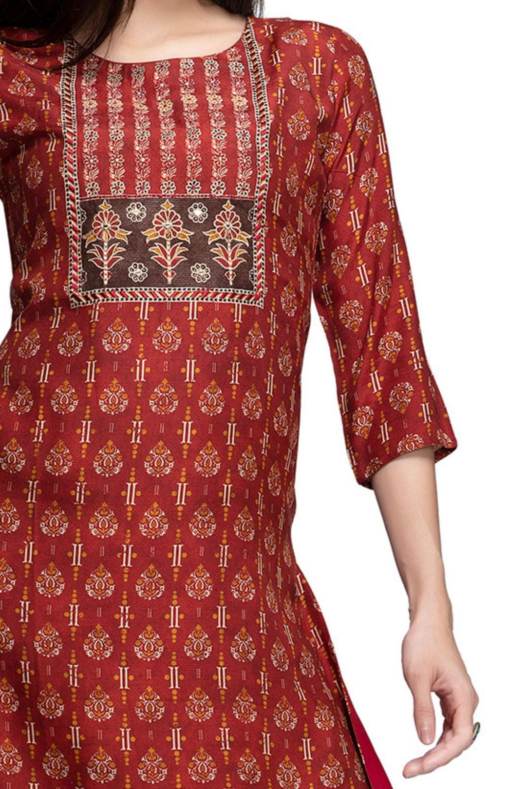 Brick Red with Coffee Brown Digital Print Calf Length Kurti