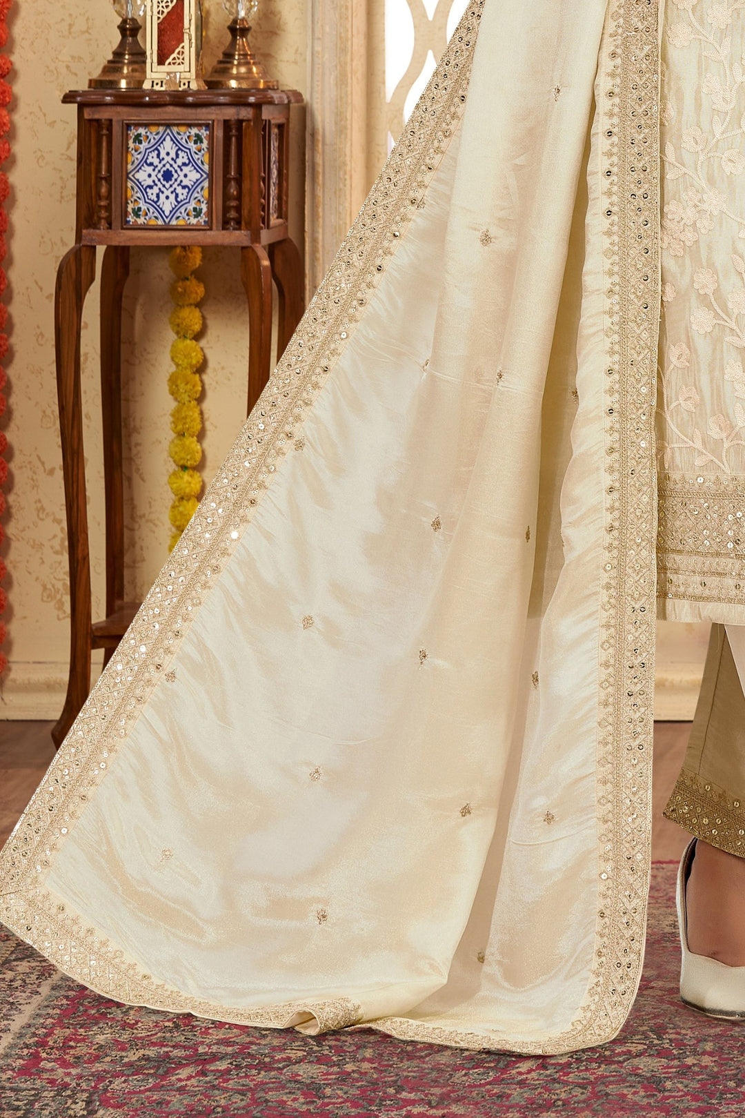 Cream Sequins, Thread and Zari work Straight Cut Salwar Suit
