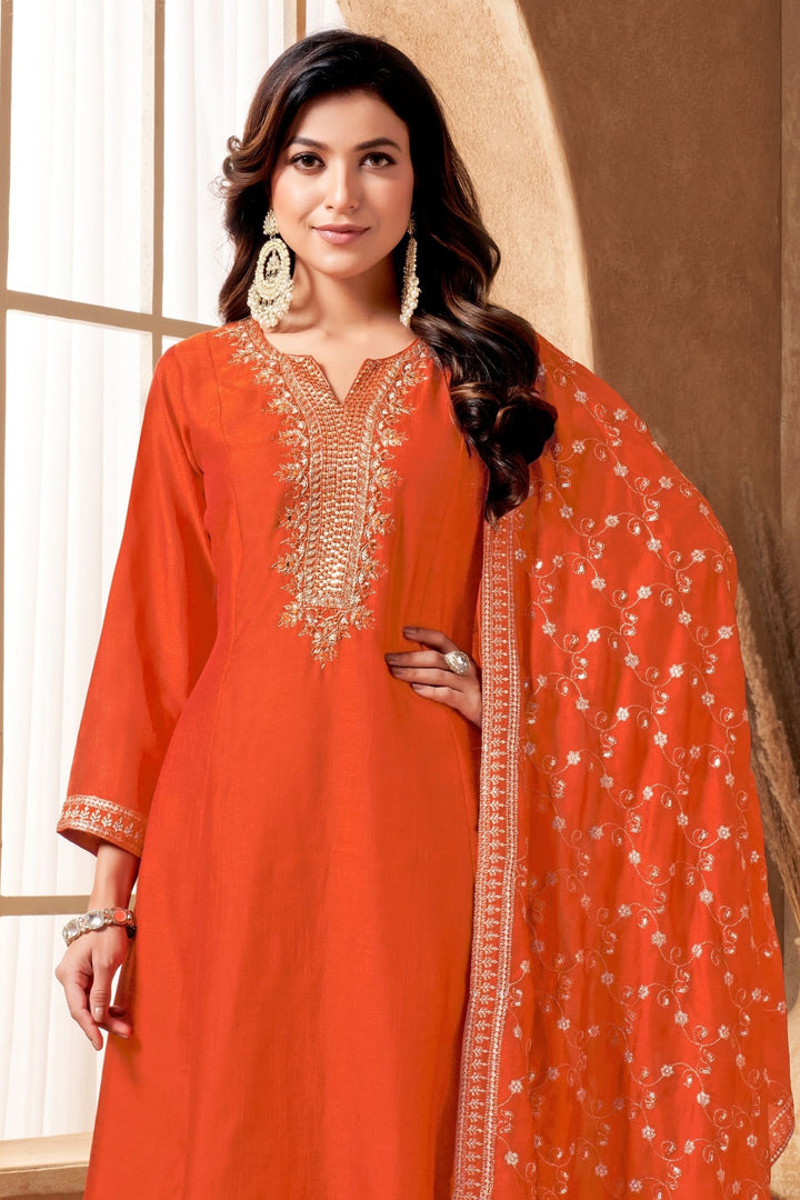 Orange Sequins, Beads, Mirror and Zari work A-line Cut Anarkali Styled Salwar Suit