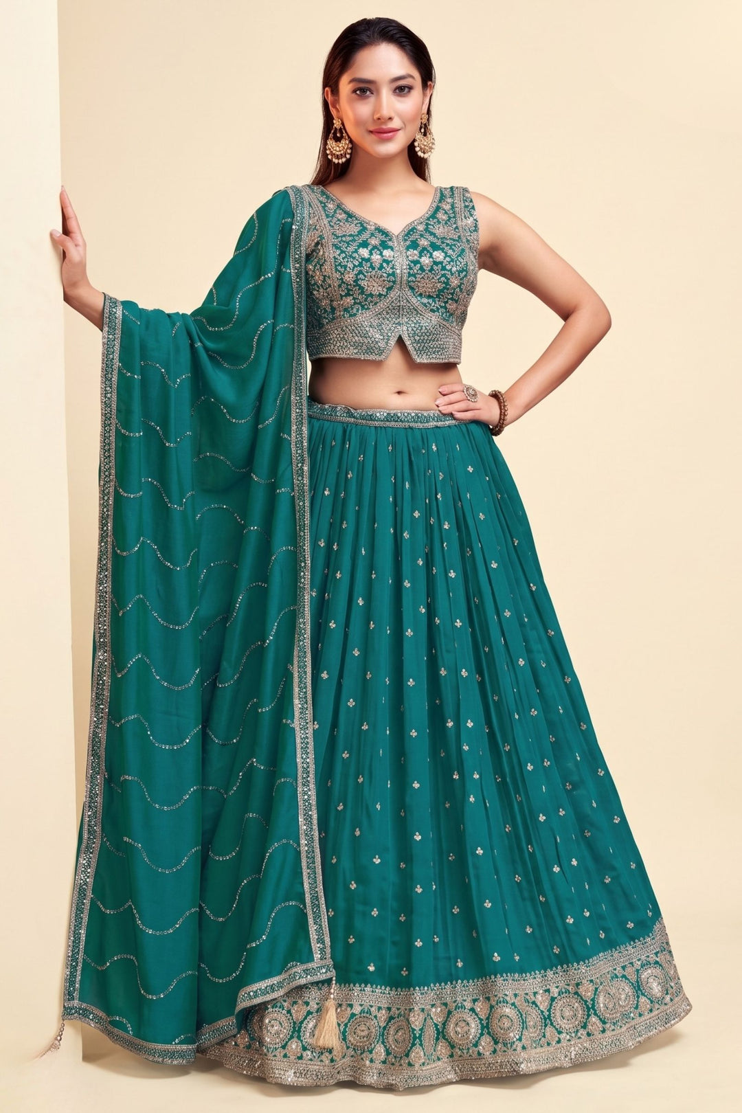 Rama Blue Beads, Sequins and Zari work Lehenga Set