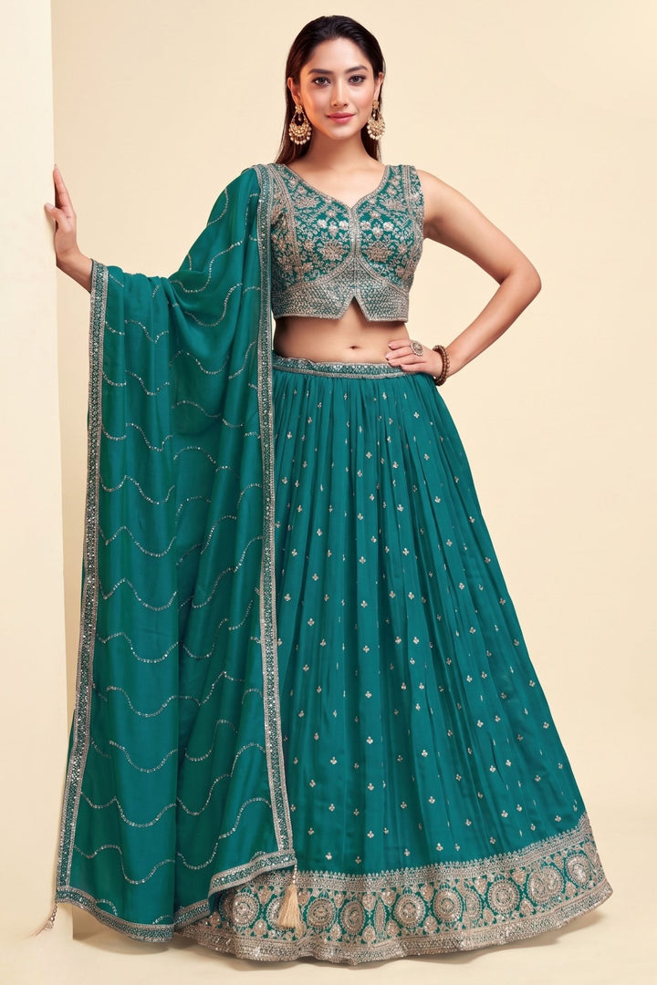 Rama Blue Beads, Sequins and Zari work Lehenga Set