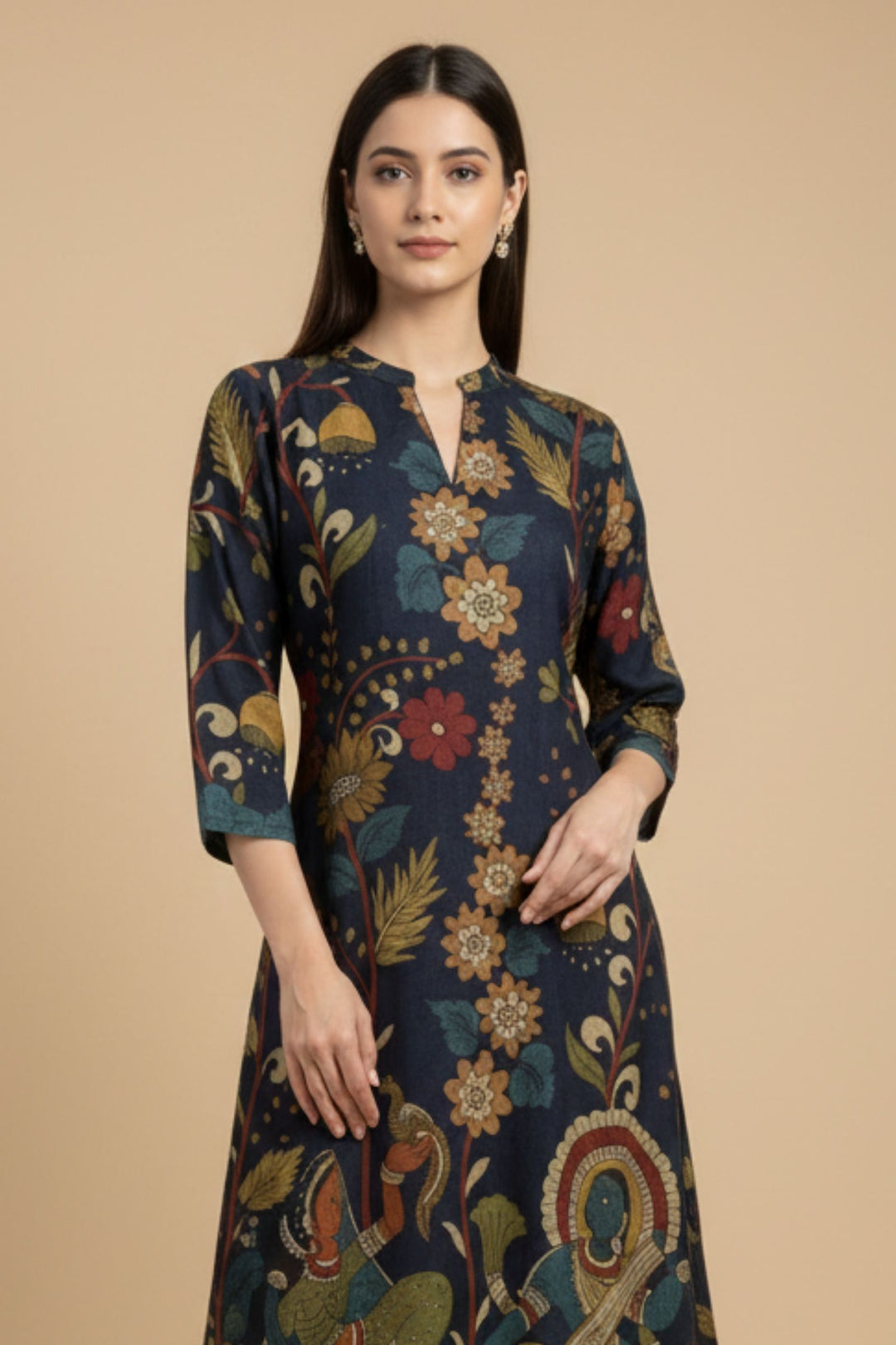 Navy Blue Beads work with Floral Print A-line Cut Calf Length Kurti