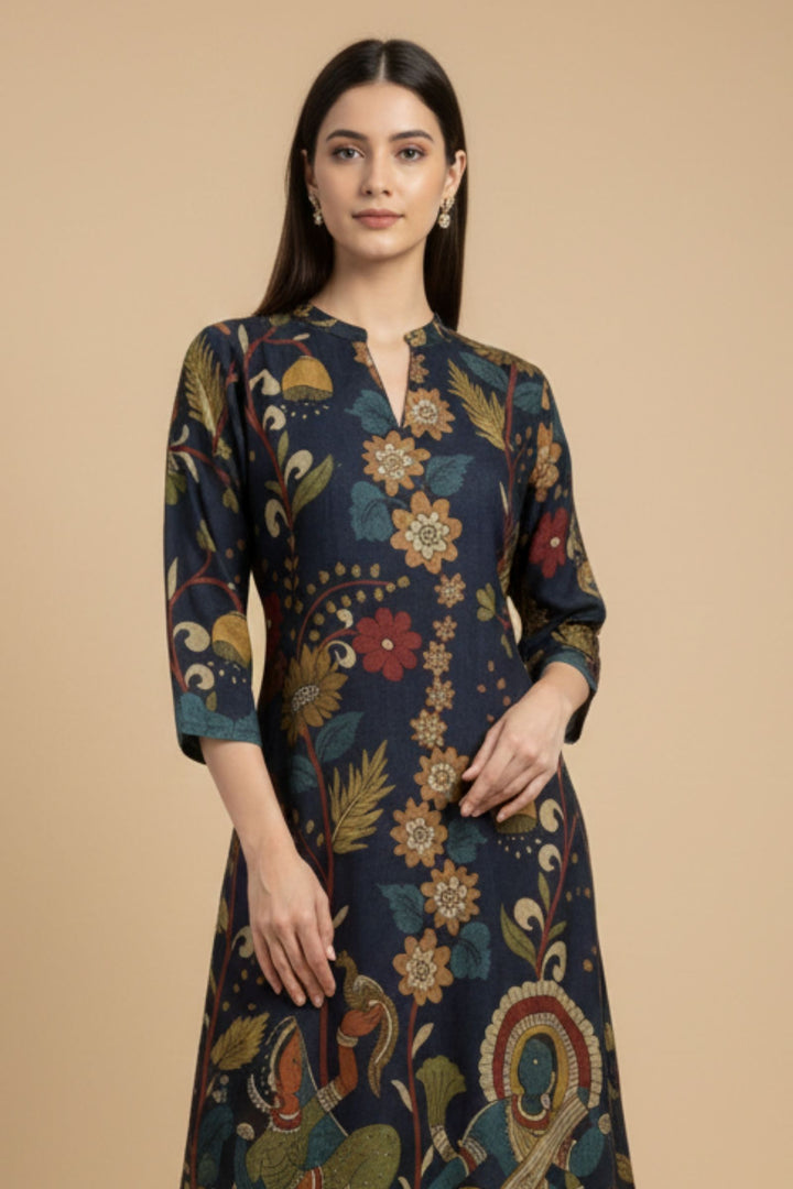 Navy Blue Beads work with Floral Print A-line Cut Calf Length Kurti
