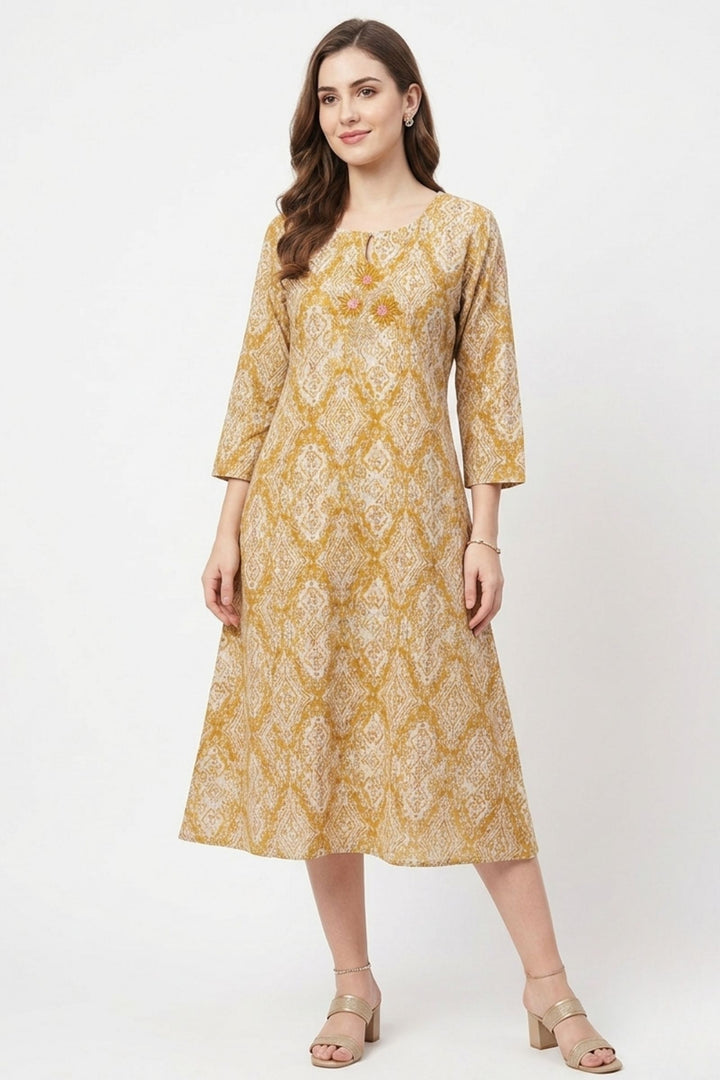 Beige Embroidery, Zari and Stone work with Digital Print A-Line Cut Calf Length Kurti