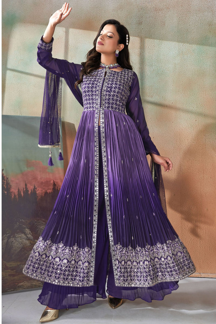 Purple Zari, Thread and Sequins work Salwar Suit with Palazzo Pants