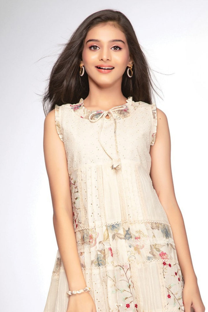 Girls Floral Print Casual Frock with Lace Panels