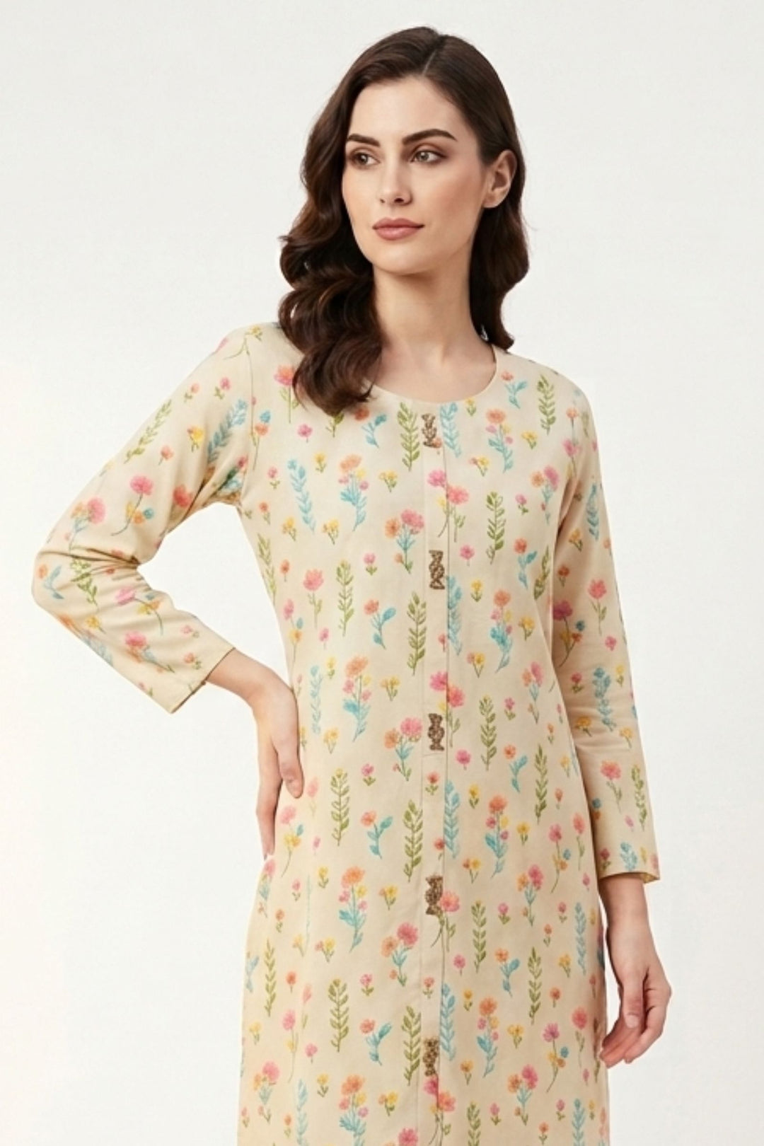 Cream Beads, Sequins and Thread work with Floral Print Calf Length Kurti