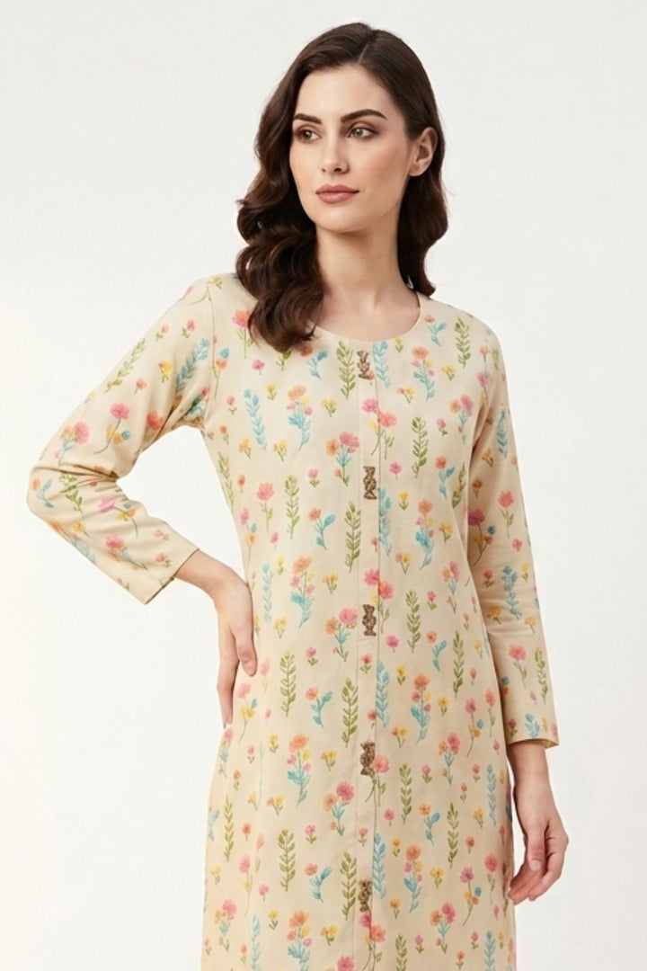 Cream Beads, Sequins and Thread work with Floral Print Calf Length Kurti