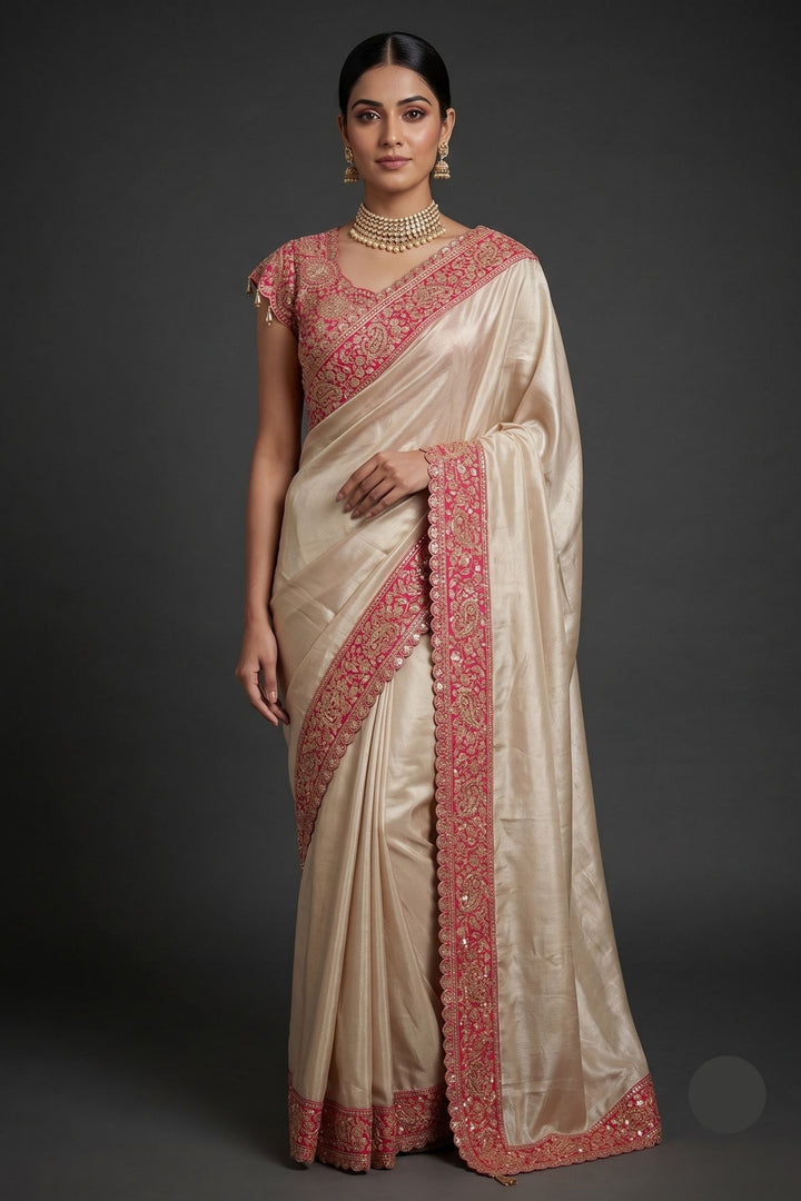 Chiku with Pink Saree with Sequins, Beads and Thread Embellishments