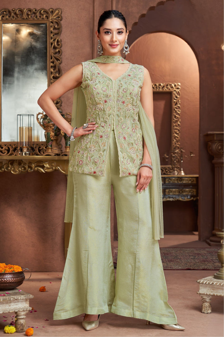 Pista Green Palazzo Salwar Suit with Embroidery, Beads and Sequins Detailing