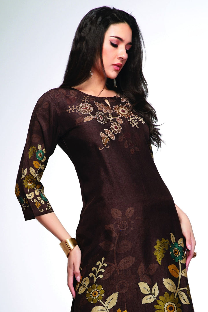 Brown Embroidery, Stone and Zari work with Floral Print Calf Length Kurti