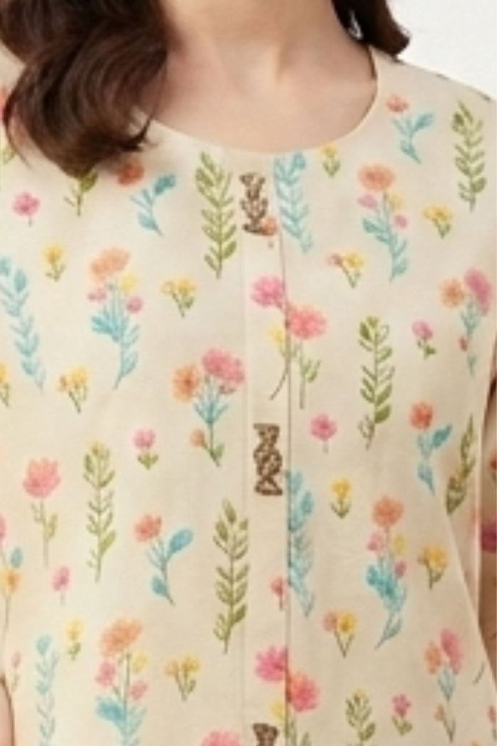 Cream Beads, Sequins and Thread work with Floral Print Calf Length Kurti