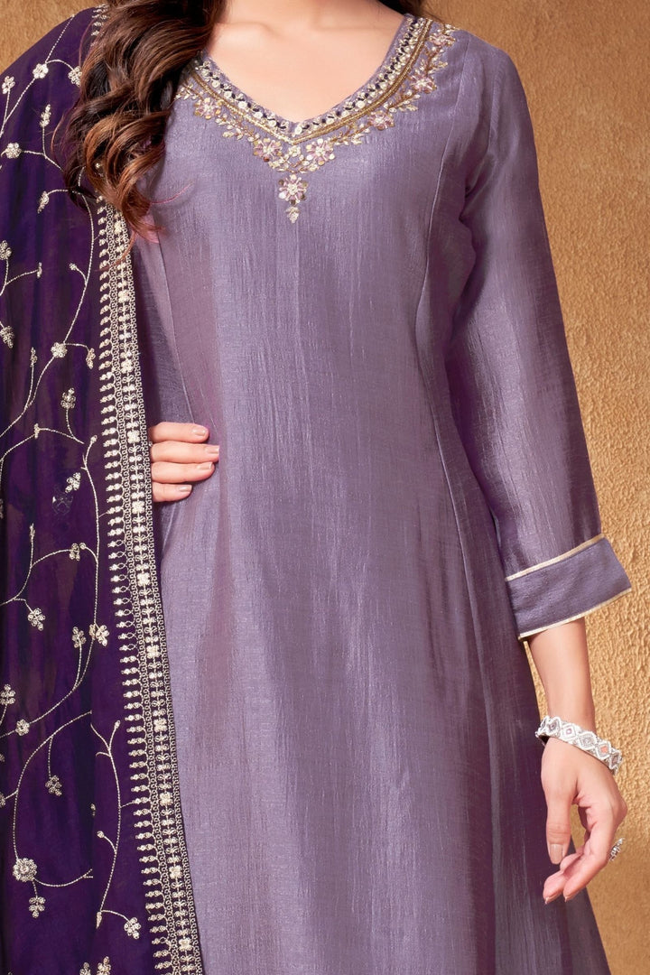 Lavender Zardozi, Mirror and Beads work A-line Cut Salwar Suit