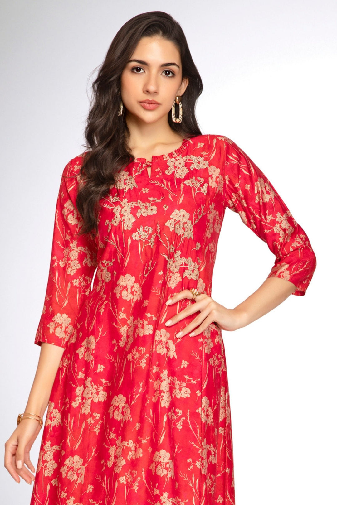 Red with Pink Thread work with Floral Print A-Line Cut Calf Length Kurti