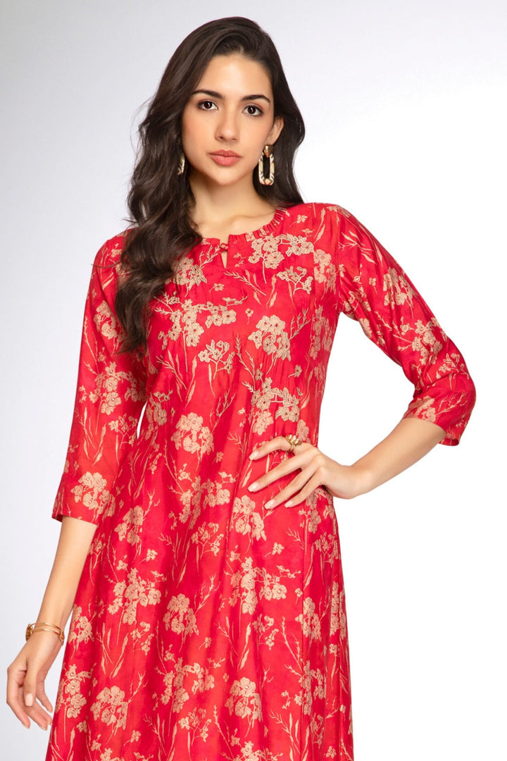 Red with Pink Thread work with Floral Print A-Line Cut Calf Length Kurti