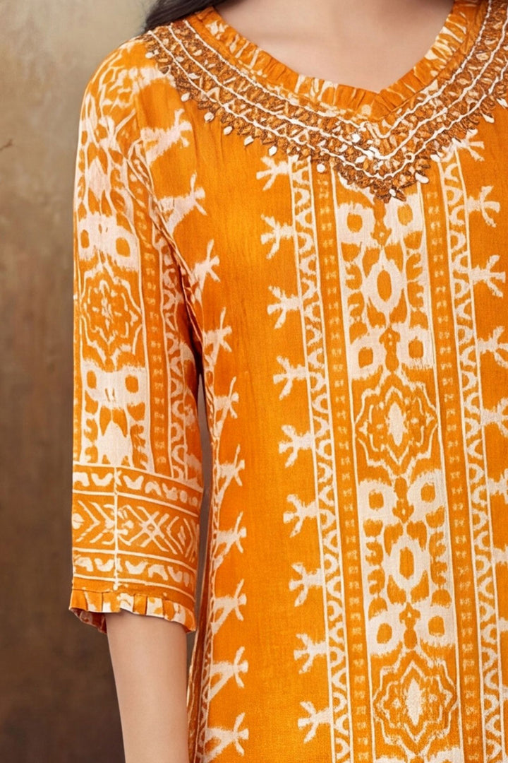 Yellow Mirror work with Digital Print Anarkali Styled Salwar Suit for Girls