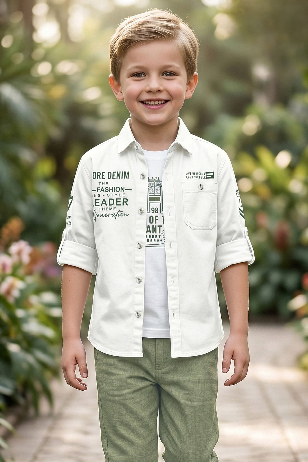 White Blazer, Printed T-Shirt and Green Pant Set for Boys