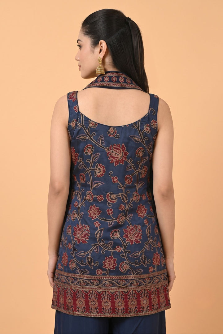 Navy Blue Zari, Zardozi, Sequins, Stone and Beads work with Floral Print Palazzo Salwar Suit