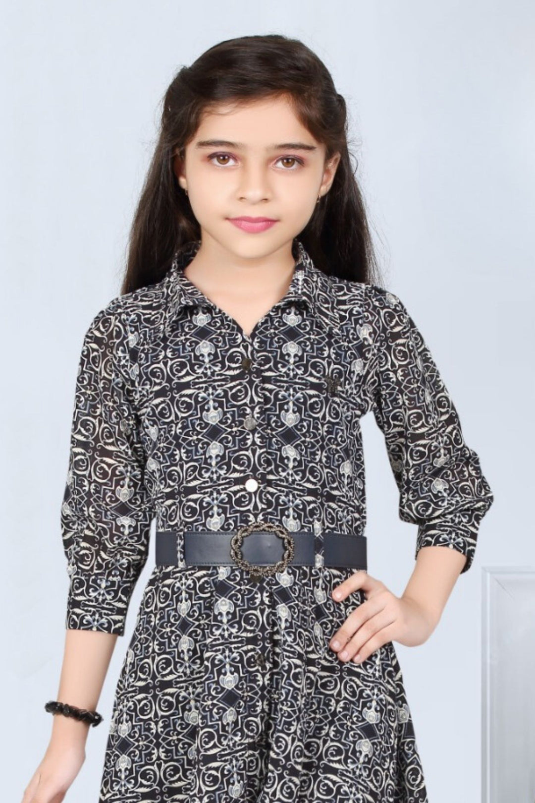 Navy Blue Digital Print  Short Frock for Girls with Belt