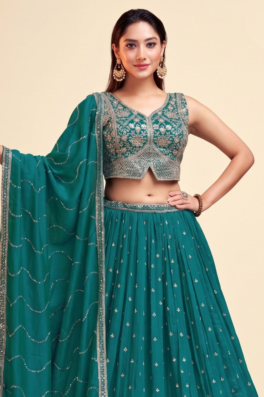 Rama Blue Beads, Sequins and Zari work Lehenga Set