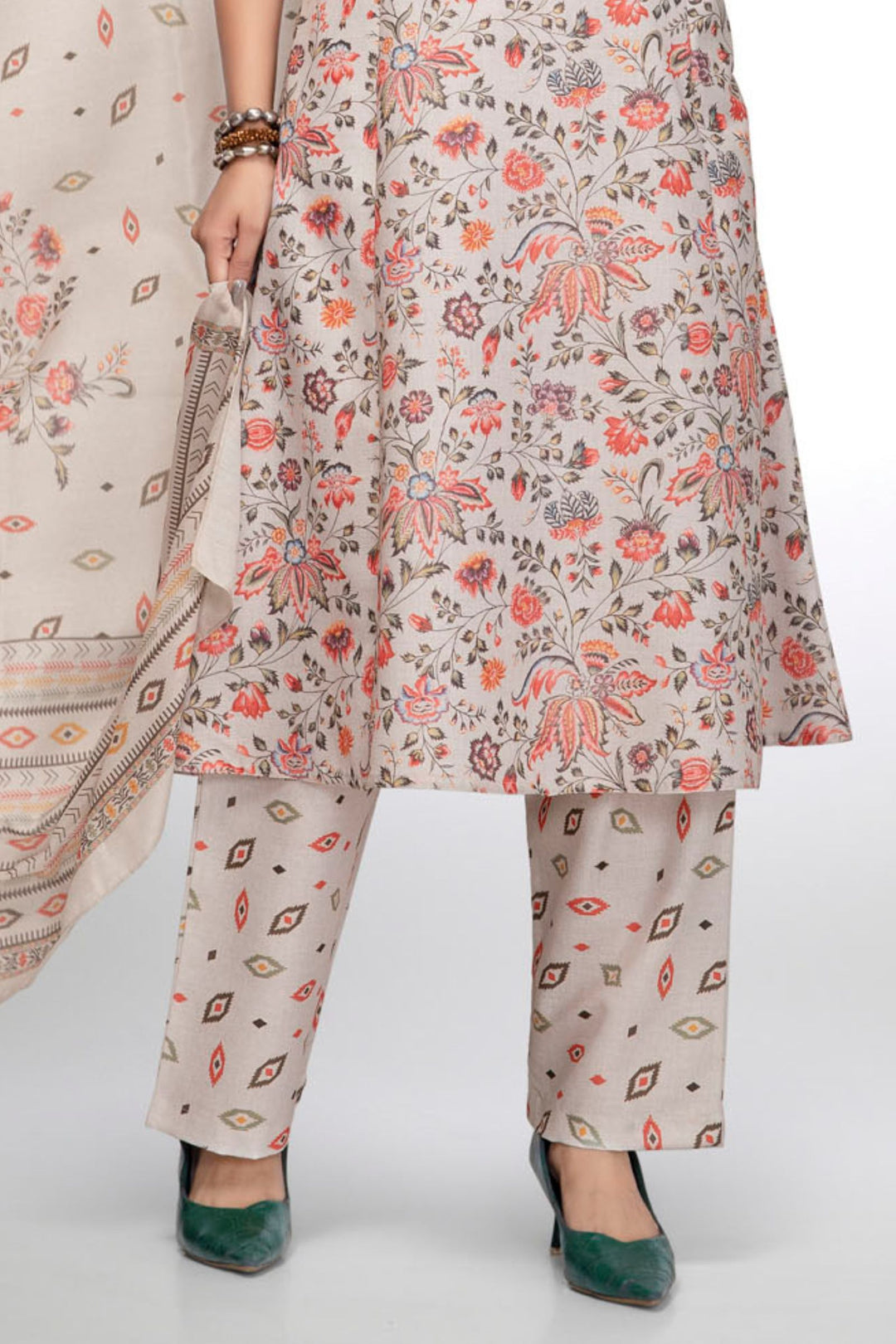 Grey Cotton Kurta Set with Delicate Floral Print and Dupatta