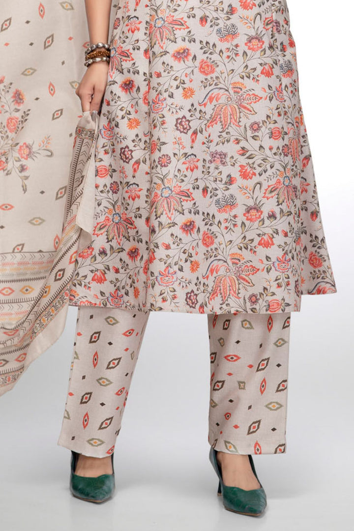Grey Cotton Kurta Set with Delicate Floral Print and Dupatta