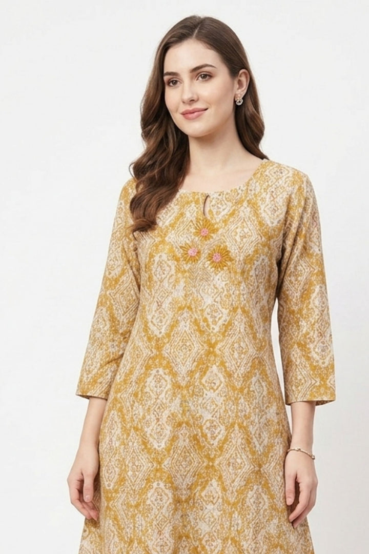 Beige Embroidery, Zari and Stone work with Digital Print A-Line Cut Calf Length Kurti