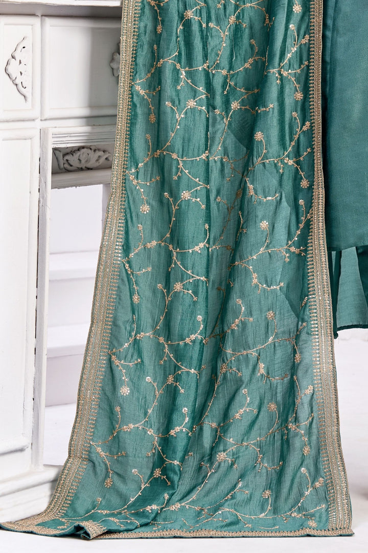 Sea Green Beads, Sequins, Mirror, Stone and Thread work A-line Cut Salwar Suit