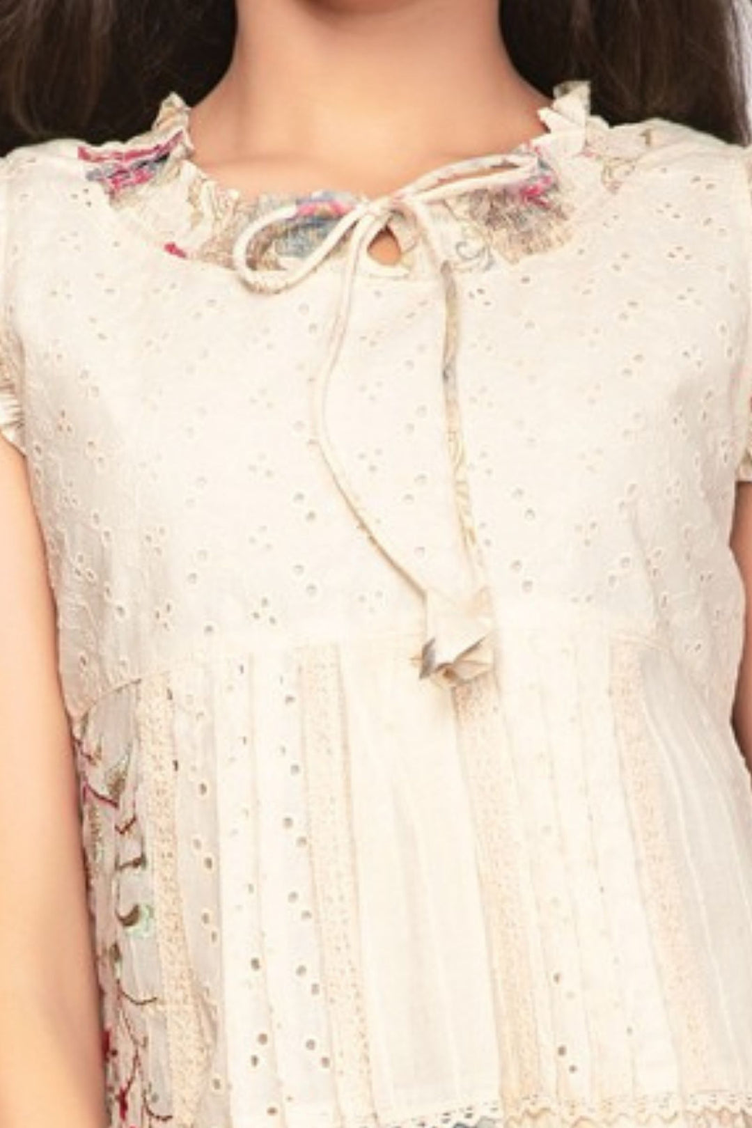 Girls Floral Print Casual Frock with Lace Panels