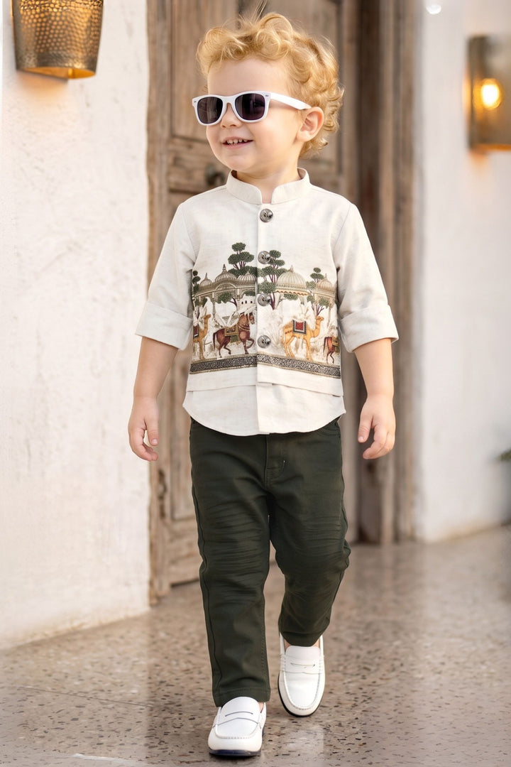 Half White Mughal-Style Motifs Shirt and Green Pant Set for Boys