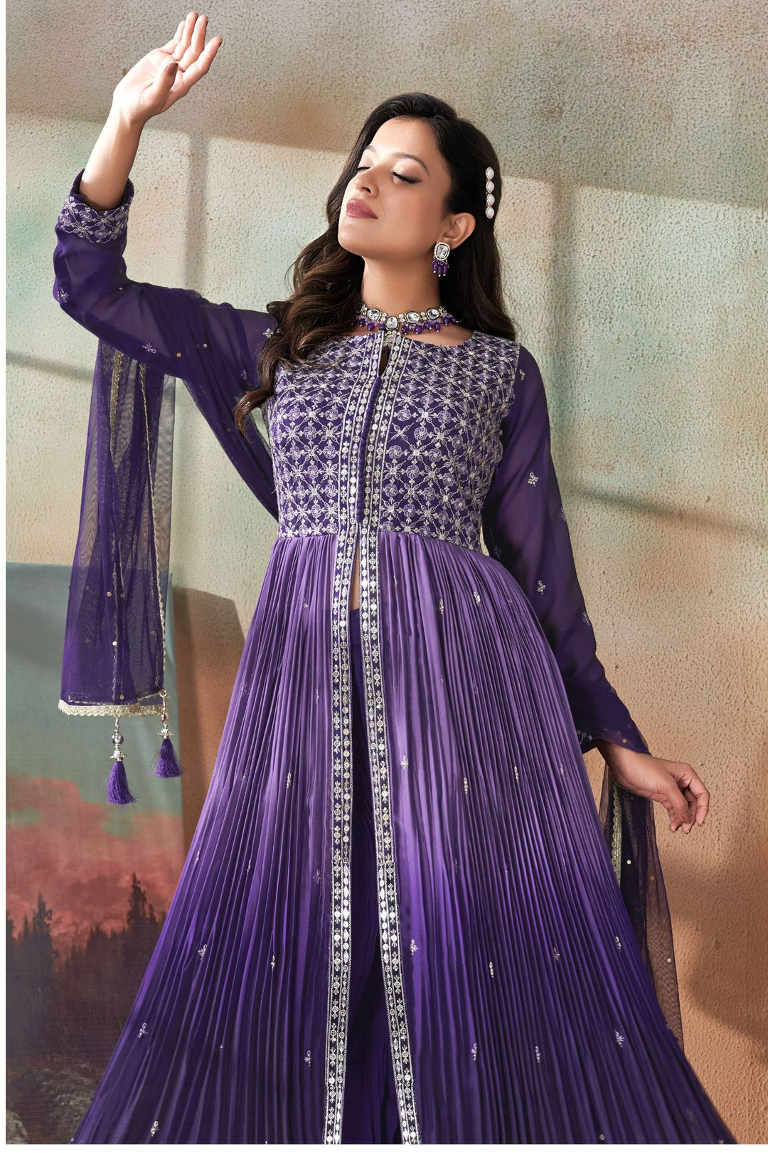 Purple Zari, Thread and Sequins work Salwar Suit with Palazzo Pants